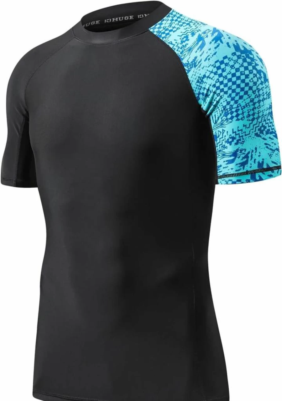 HUGE SPORTS Men's UPF 50+ Sun Protection Rash Guard Shirt Short Sleeve UV Swim Shirt