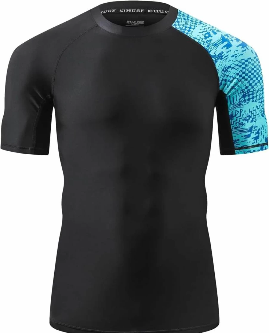 HUGE SPORTS Men's UPF 50+ Sun Protection Rash Guard Shirt Short Sleeve UV Swim Shirt