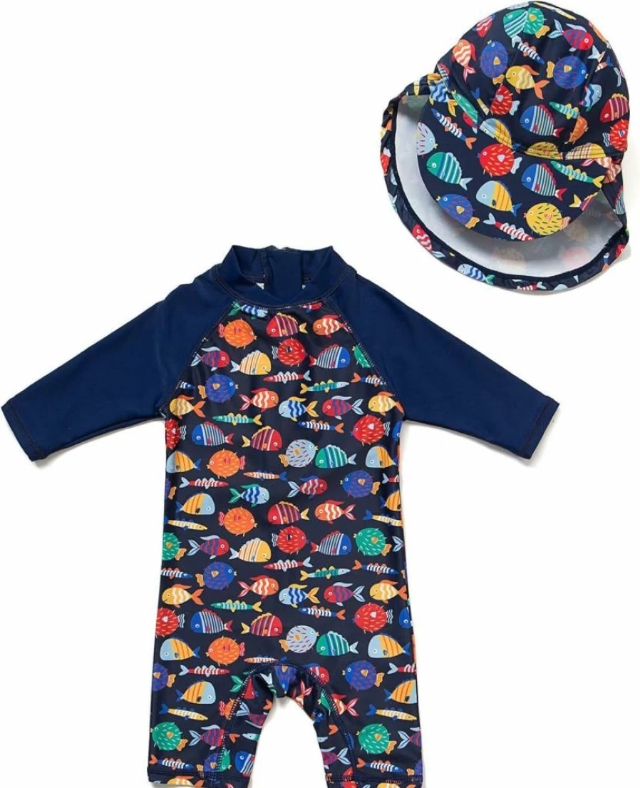 BONVERANO UPF 50+ Baby Sun Protection Suit with Zip & Sun Hat - Colorful Fish Print for Infants 3-6 Months