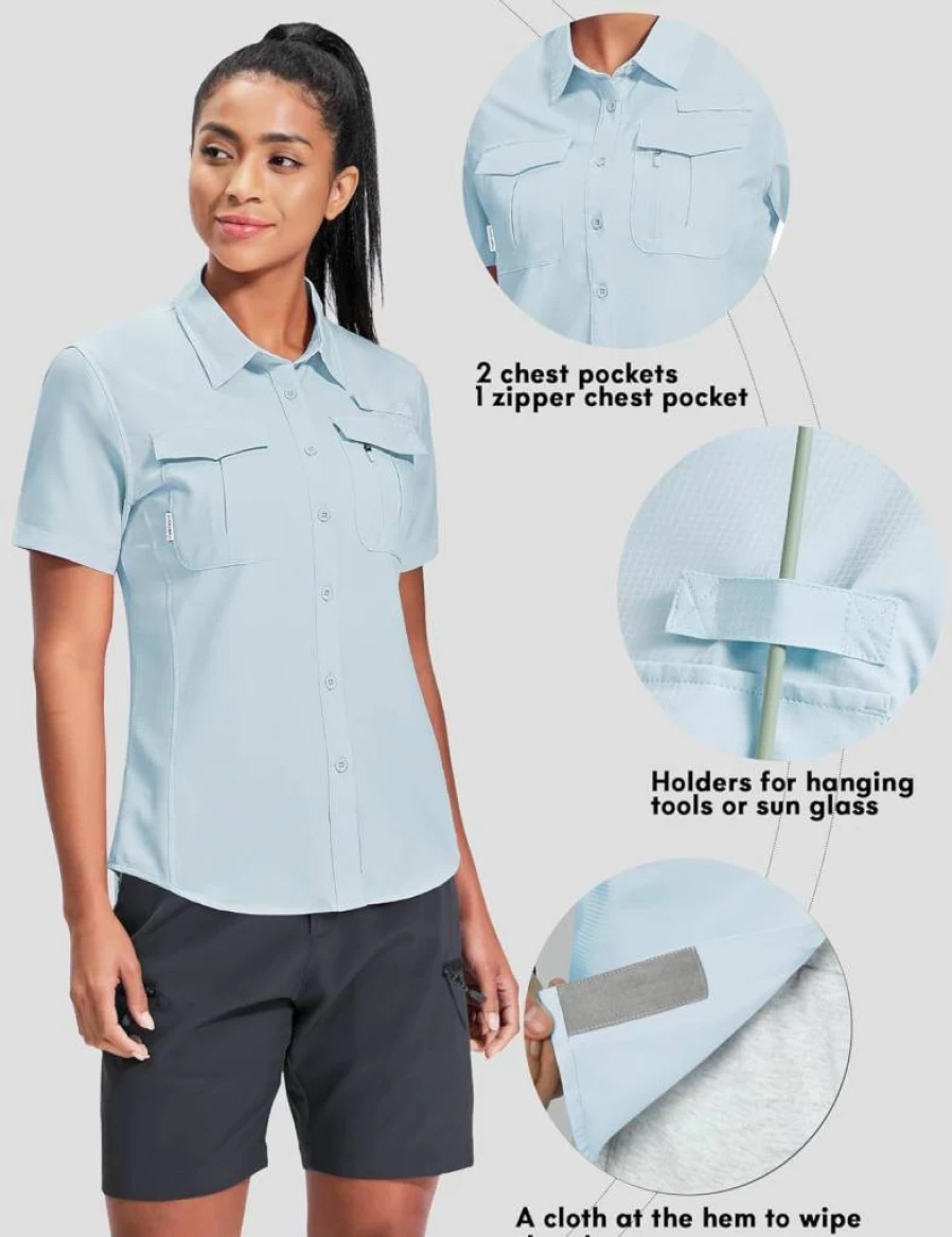 Haimont Women's Quick Dry Sun Protection Shirt - Water Resistant UPF Short Sleeve Button Down Top for Fishing Hiking Outdoor Activities
