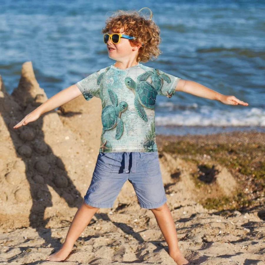 MNSRUU Boys UPF 50+ Sun Protection Swim Shirt - Quick Dry Short Sleeve Rashguard for Toddlers