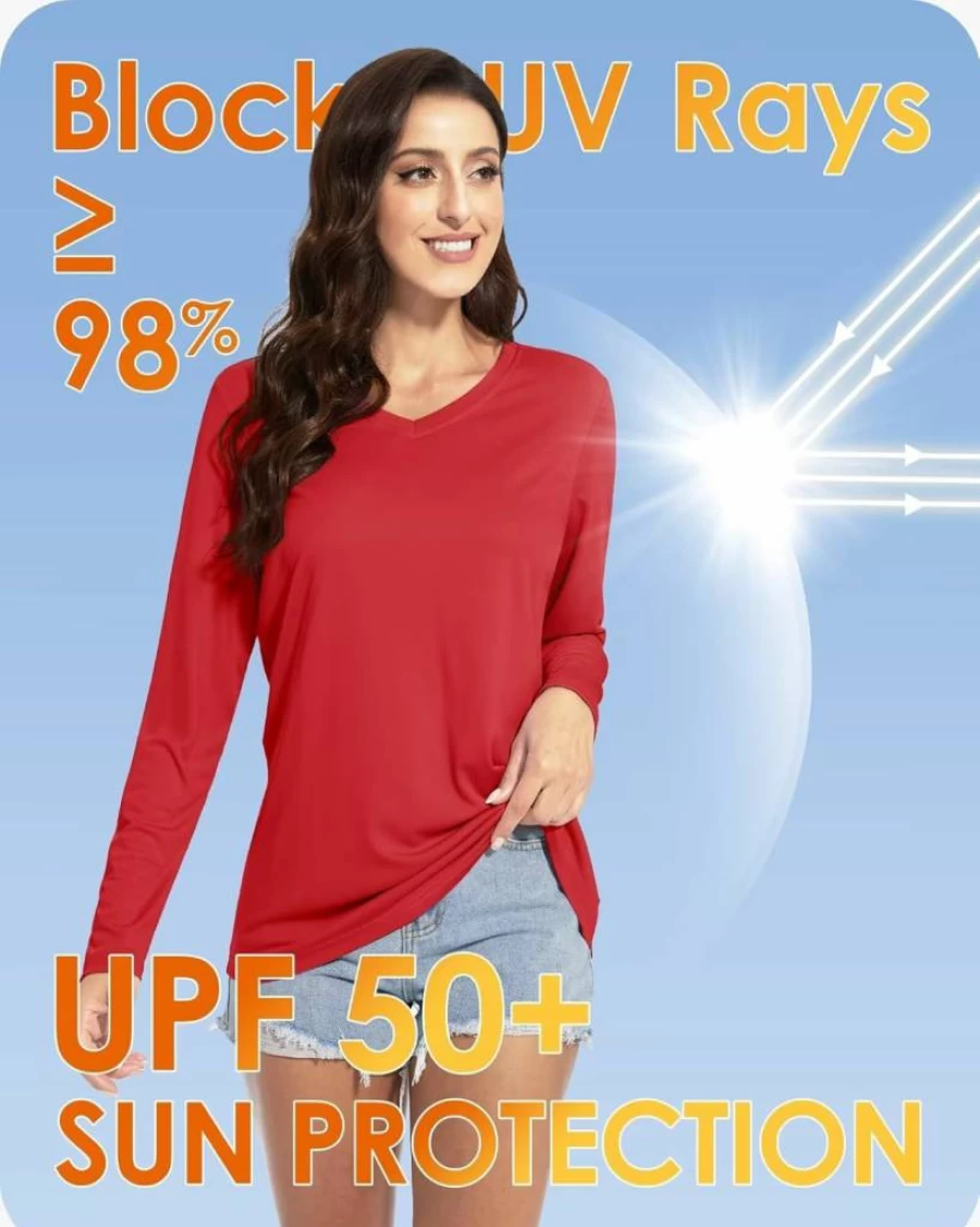 Boladeci Women's UPF 50+ V-Neck Long Sleeve Sun Shirt - Quick Dry UV Protection Rash Guard for Swimming & Summer Activities