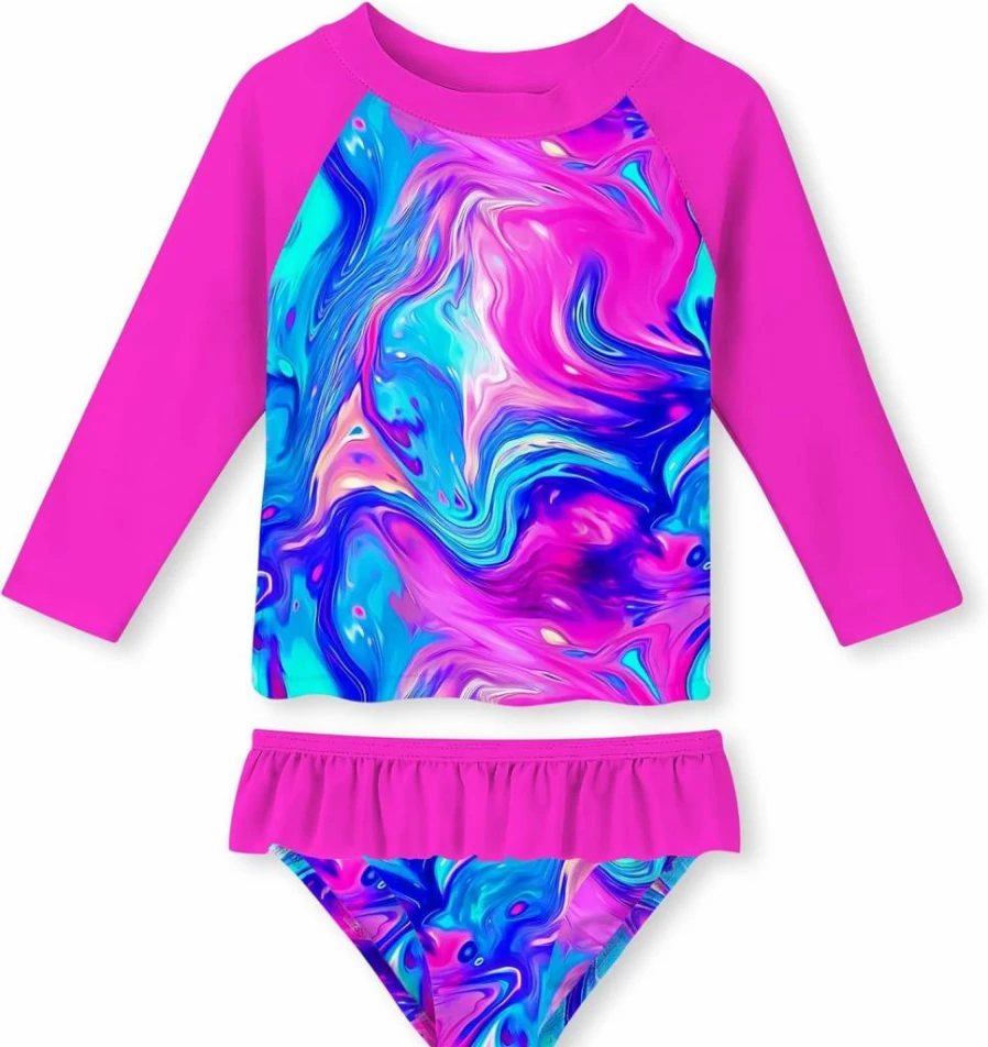 UNIFACO Girls' UPF 50+ Sun Protection Swimwear Set - Toddler Rash Guard & Tankini for Summer Beach 2T-8T