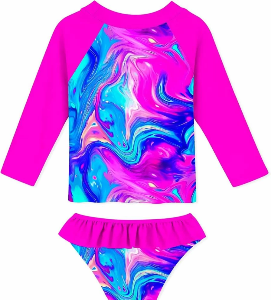 UNIFACO Girls' UPF 50+ Sun Protection Swimwear Set - Toddler Rash Guard & Tankini for Summer Beach 2T-8T