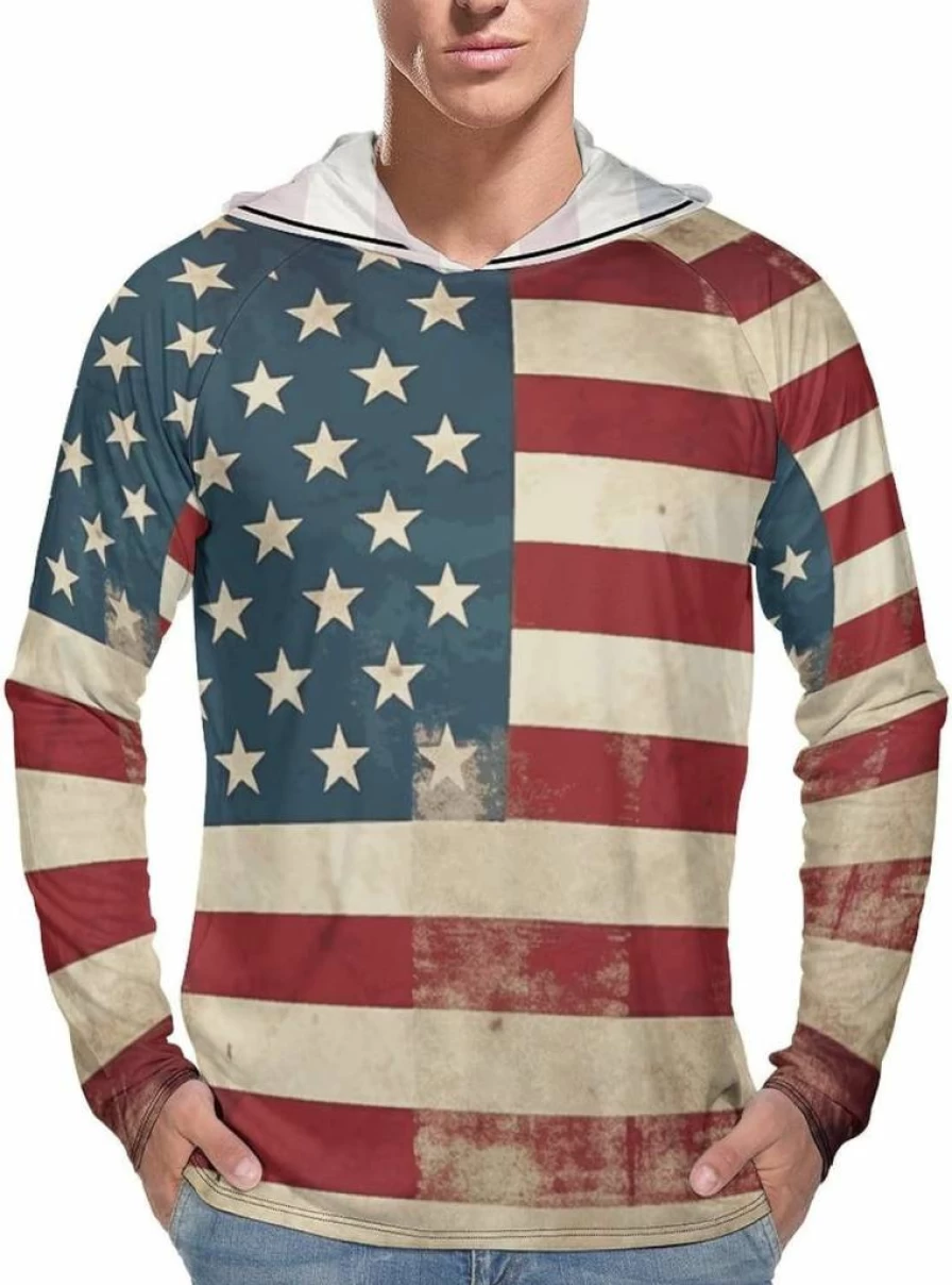 HETVBNS Men's Vintage American Flag UPF 50+ Sun Protection Hoodie - Quick Dry UV Shirt for Fishing, Hiking & Outdoor Activities