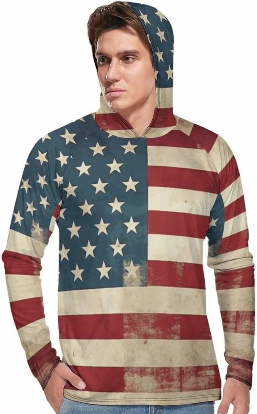 HETVBNS Men's Vintage American Flag UPF 50+ Sun Protection Hoodie - Quick Dry UV Shirt for Fishing, Hiking & Outdoor Activities