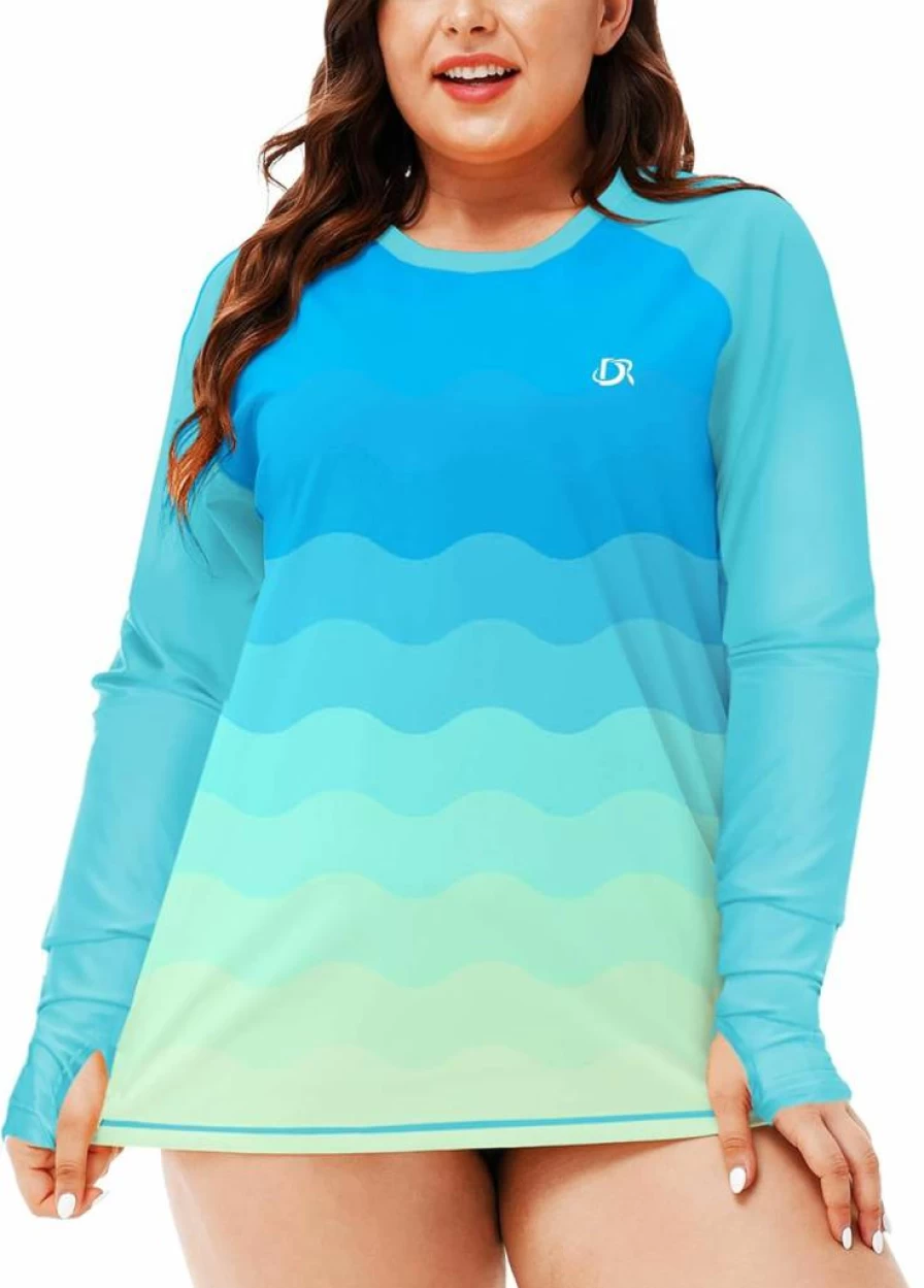 Deerose Women's Plus Size Long Sleeve Swim Shirt UPF 50+ Sun Protection Rashguard with Thumb Holes for Beach Swimming Surfing