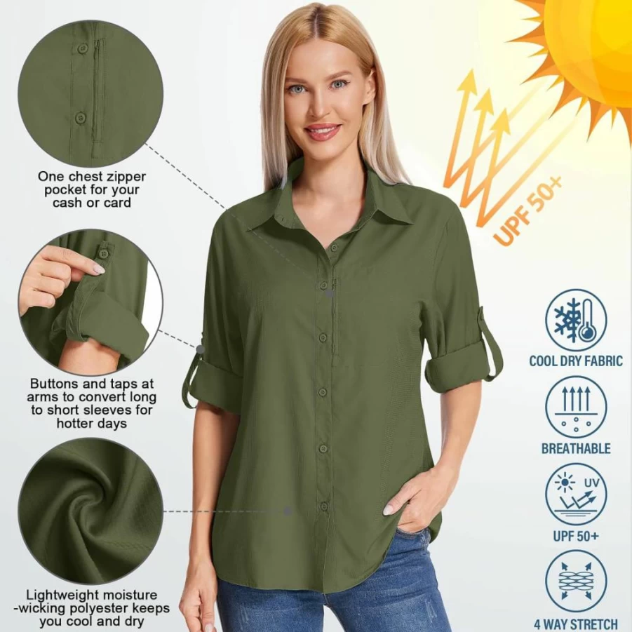 Anteef Women's UPF 50+ Sun Protection Shirt - Long Sleeve Safari Hiking & Fishing Top, Quick Dry Lightweight Cooling Shirt for Outdoor Activities