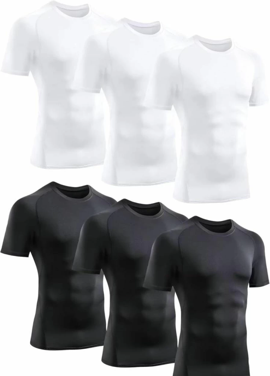 TELALEO Men's Compression Shirt 6 Pack - Short Sleeve Athletic Baselayer, Workout Tops for Gym, Sports (Black, White)