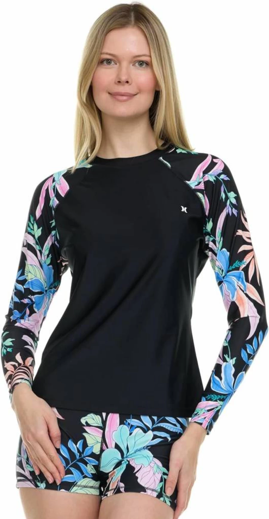 Hurley Women's UPF 50+ Long Sleeve Rash Guard & Swim Shorts Set - Quick Dry UV Protection Swimwear