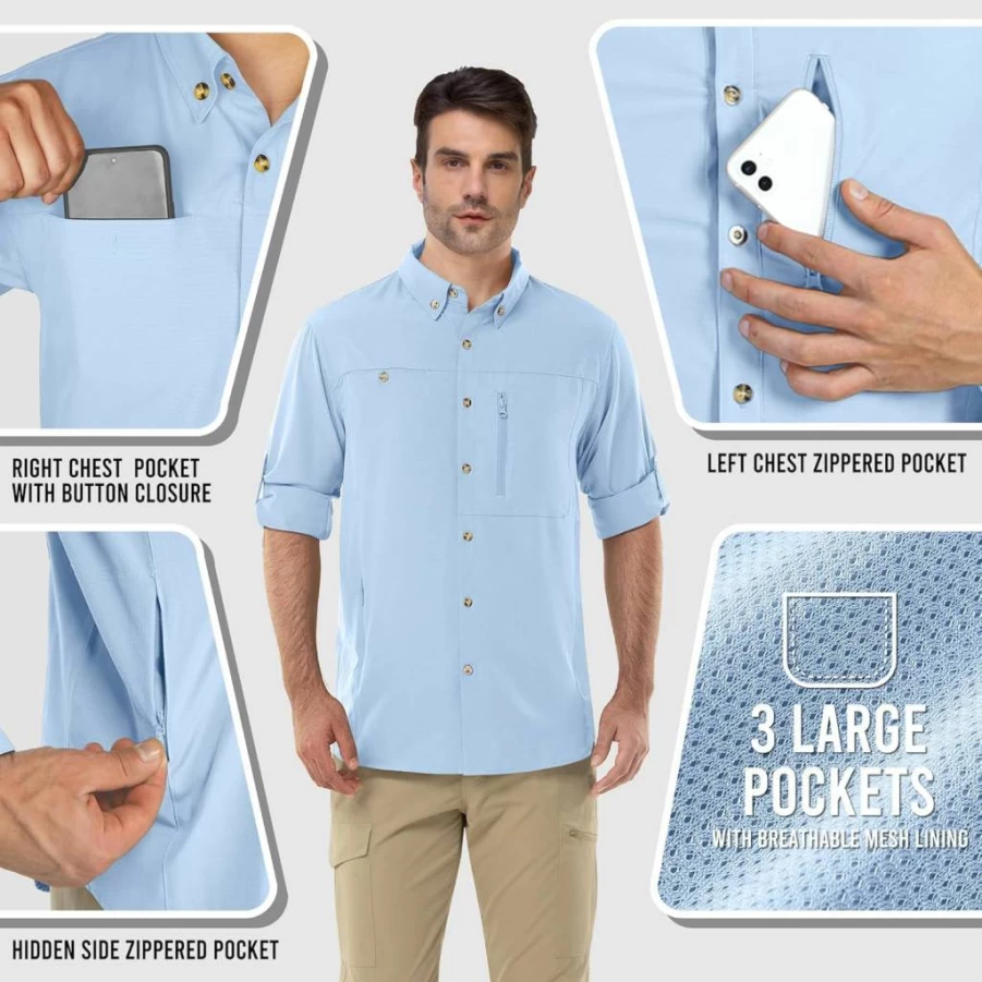 Outdoor Ventures Men's UPF 50 Sun Protection Shirt - Long Sleeve Cooling Quick-Dry Hiking & Fishing Shirt for Outdoor Travel