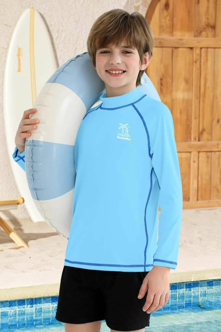 BesserBay UPF 50+ Boys Rash Guard Swim Shirt - Sun Protective Long Sleeve Surfing Top for Kids Ages 4-14 Years