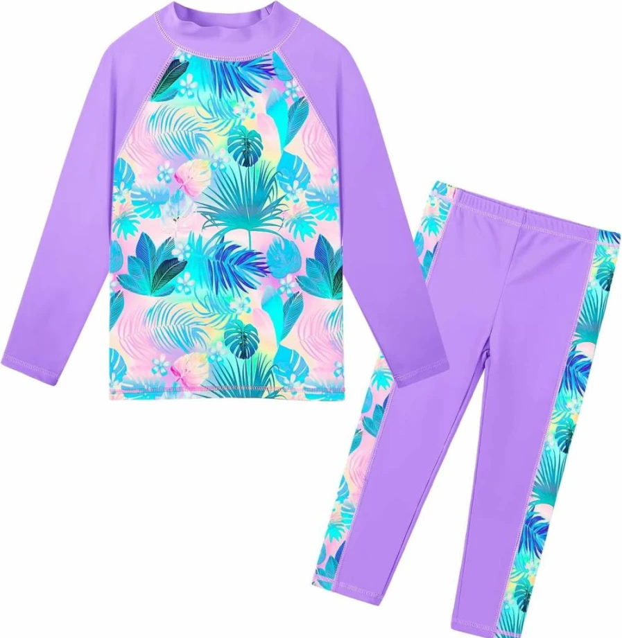 TFJH E Girls Long Sleeve Two Piece Swimsuit UPF 50+ Sun Protection Swimwear for Ages 3-12 Years