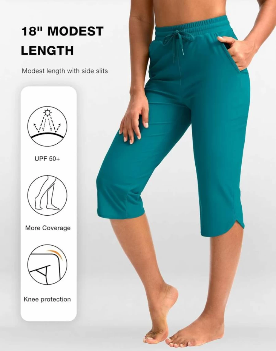 Pudolla Women's Quick Dry UPF 50+ Swim Capris with Pockets - 18" Board Shorts for Swimming & Beach Activities