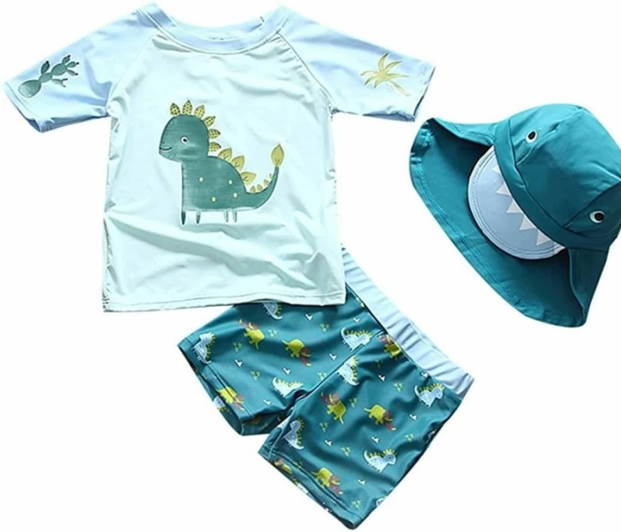 Yober Boys Dinosaur Swim Set - UPF 50+ Rash Guard & Hat, Toddler Two-Piece Swimsuit for Beach & Pool