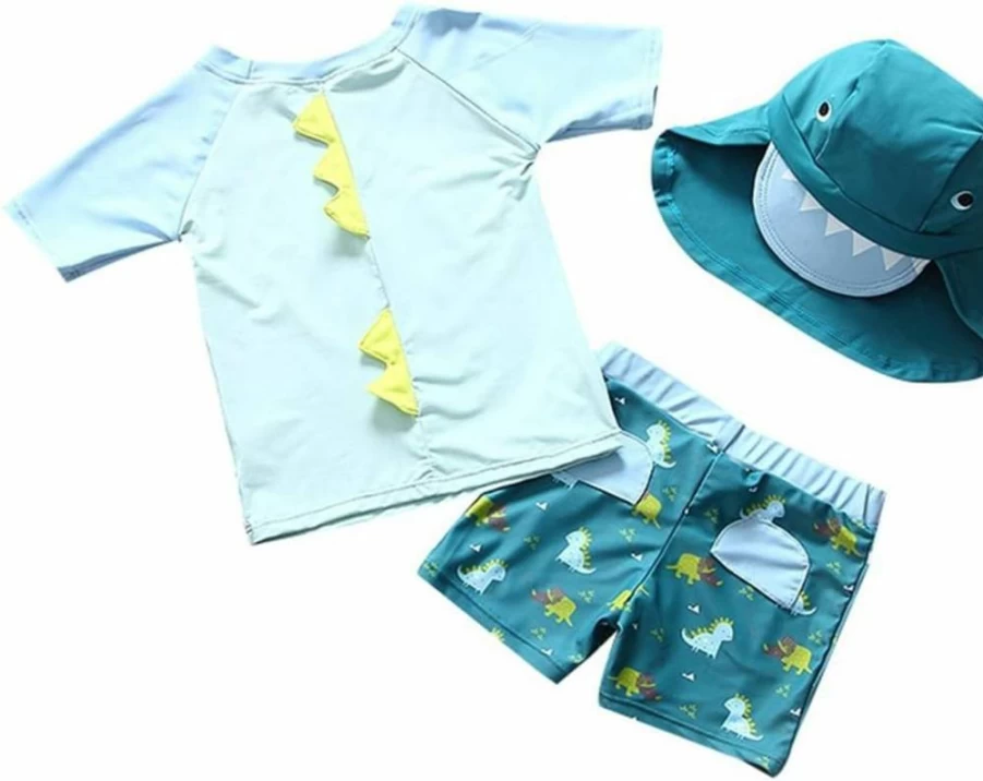 Yober Boys Dinosaur Swim Set - UPF 50+ Rash Guard & Hat, Toddler Two-Piece Swimsuit for Beach & Pool