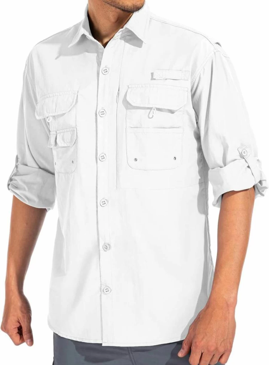 Linlon Men's UPF 50+ Long Sleeve Safari Shirt - Quick Dry, UV Protection, Cooling Travel & Outdoor Shirt for Hiking, Fishing - White