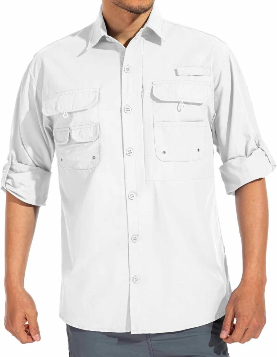 Linlon Men's UPF 50+ Long Sleeve Safari Shirt - Quick Dry, UV Protection, Cooling Travel & Outdoor Shirt for Hiking, Fishing - White