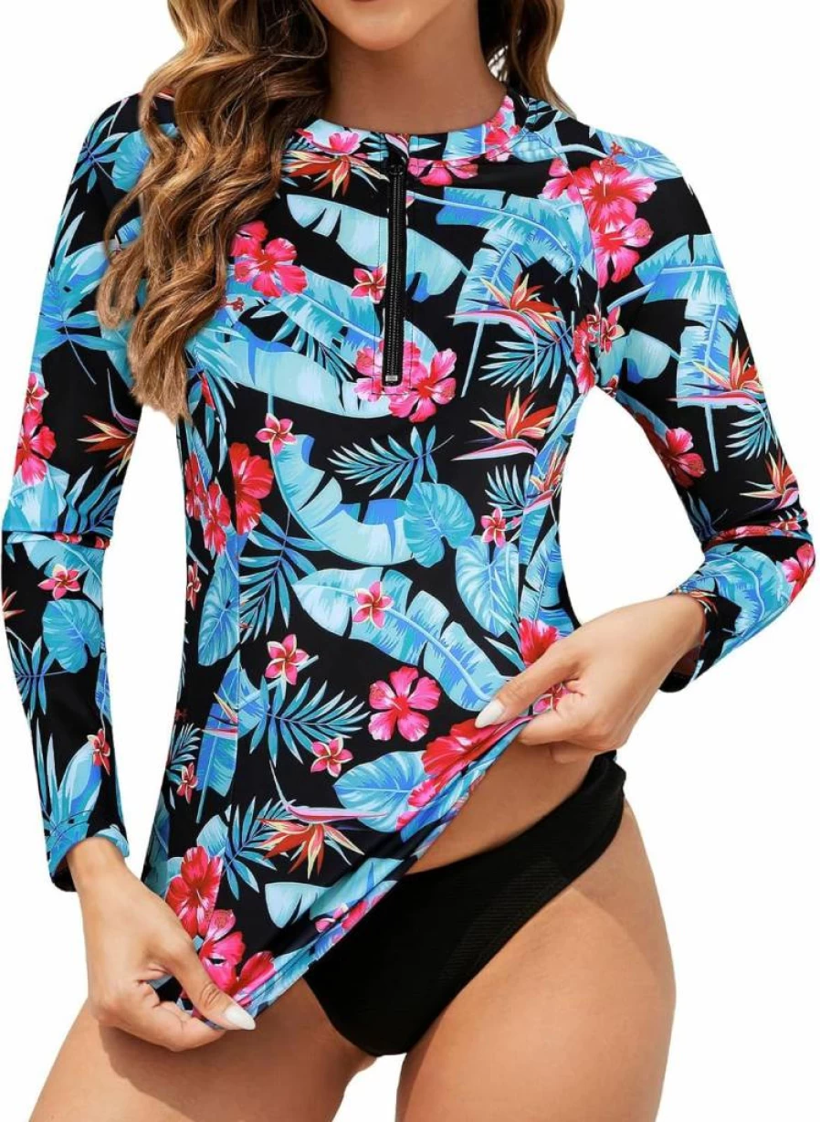 Tanst Sky Women's Long Sleeve Rash Guard Swim Top UPF 50+ UV Protection Zipper Front Bathing Suit Swimwear