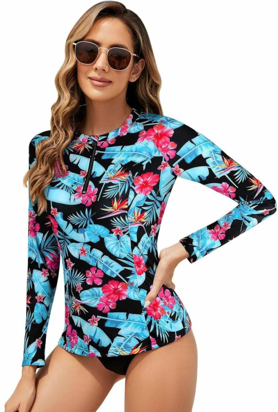 Tanst Sky Women's Long Sleeve Rash Guard Swim Top UPF 50+ UV Protection Zipper Front Bathing Suit Swimwear
