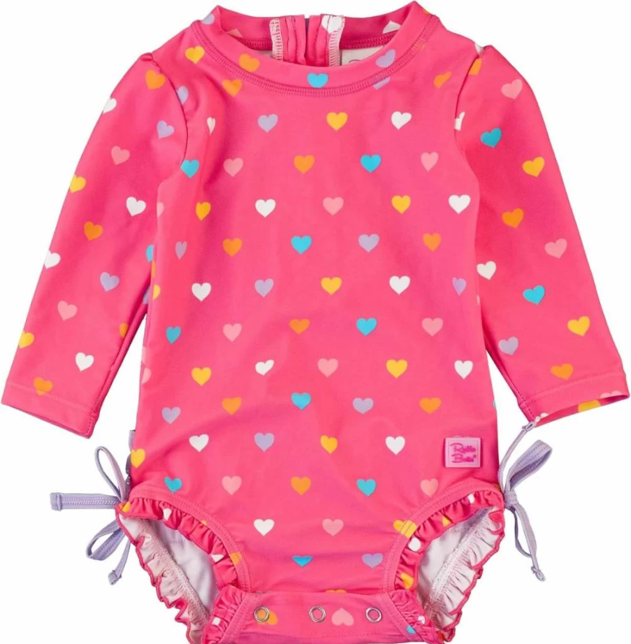 RuffleButts Baby Girls UPF 50+ Polka Dot Long Sleeve Rash Guard Swimsuit with Zipper for Sun Protection