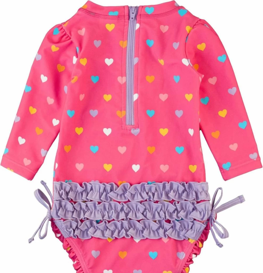 RuffleButts Baby Girls UPF 50+ Polka Dot Long Sleeve Rash Guard Swimsuit with Zipper for Sun Protection