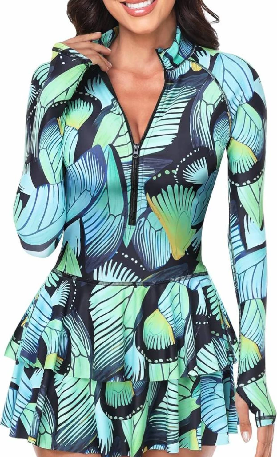 UNIQUEBELLA Women's Long Sleeve UPF 50+ Rash Guard Swim Shirt - Modest UV Protection Swimwear 1 Piece Bathing Suit