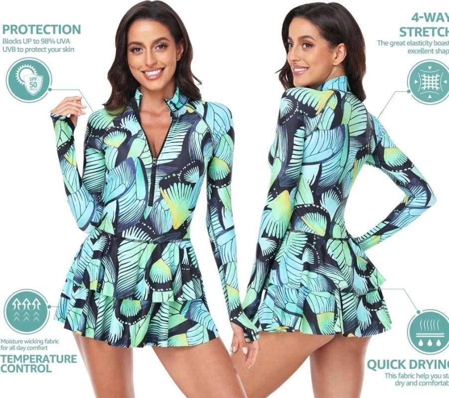 UNIQUEBELLA Women's Long Sleeve UPF 50+ Rash Guard Swim Shirt - Modest UV Protection Swimwear 1 Piece Bathing Suit