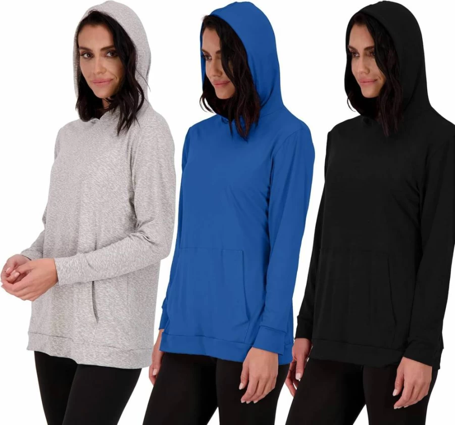 Real Essentials Women's 3-Pack Long Sleeve Hoodie Pullover - Dry Fit Active Lounge Sweatshirt with Pocket (Plus Size Available)