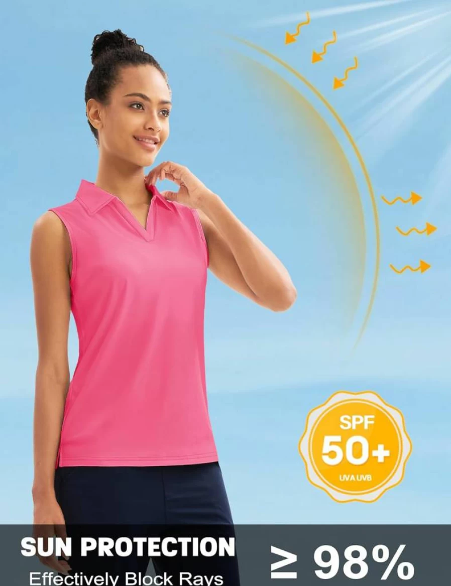 MAGCOMSEN Women's UPF 50+ Sleeveless Golf Polo Shirt - Quick Dry Athletic Tennis Top with V-Neck Collar