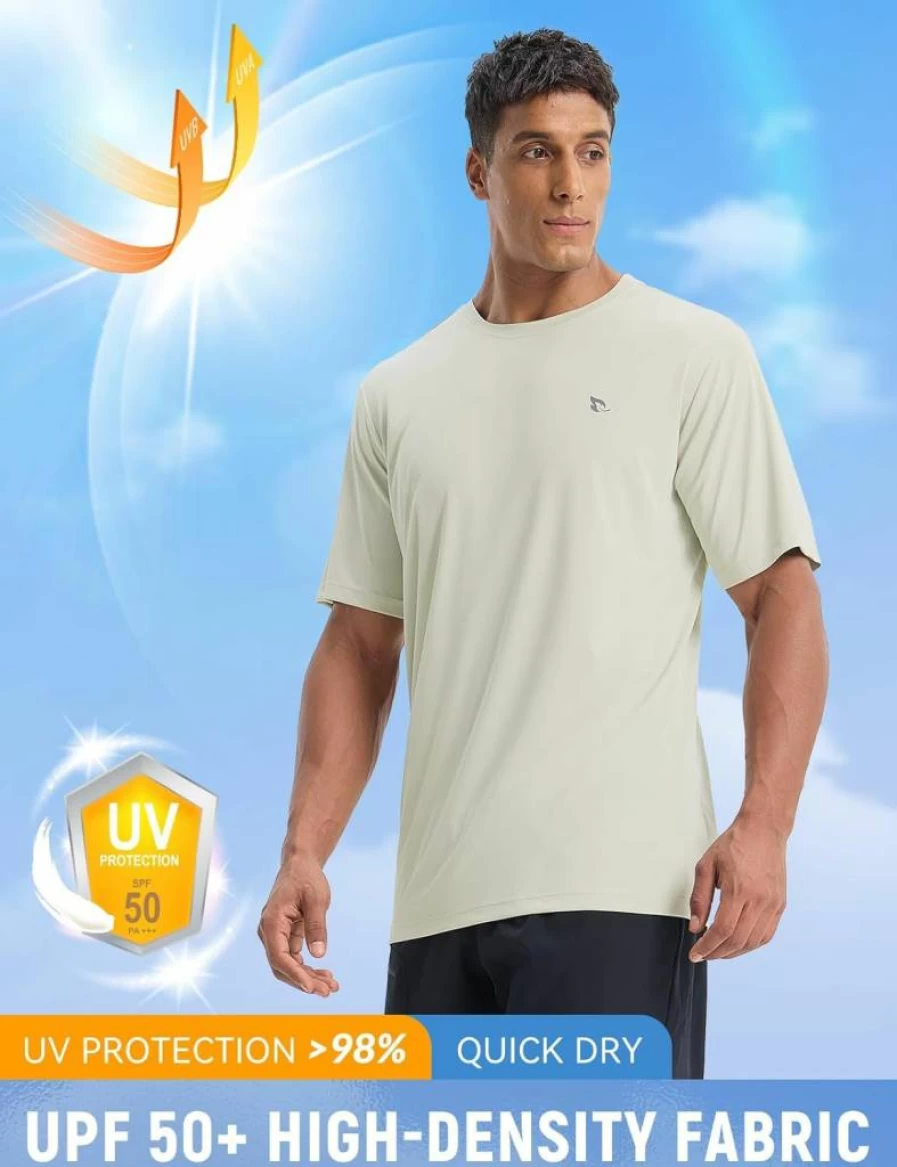 Baleaf Men's UPF 50+ Sun Protection Short Sleeve Shirt - Quick Dry Lightweight UV SPF Rash Guard for Hiking & Athletic Activities