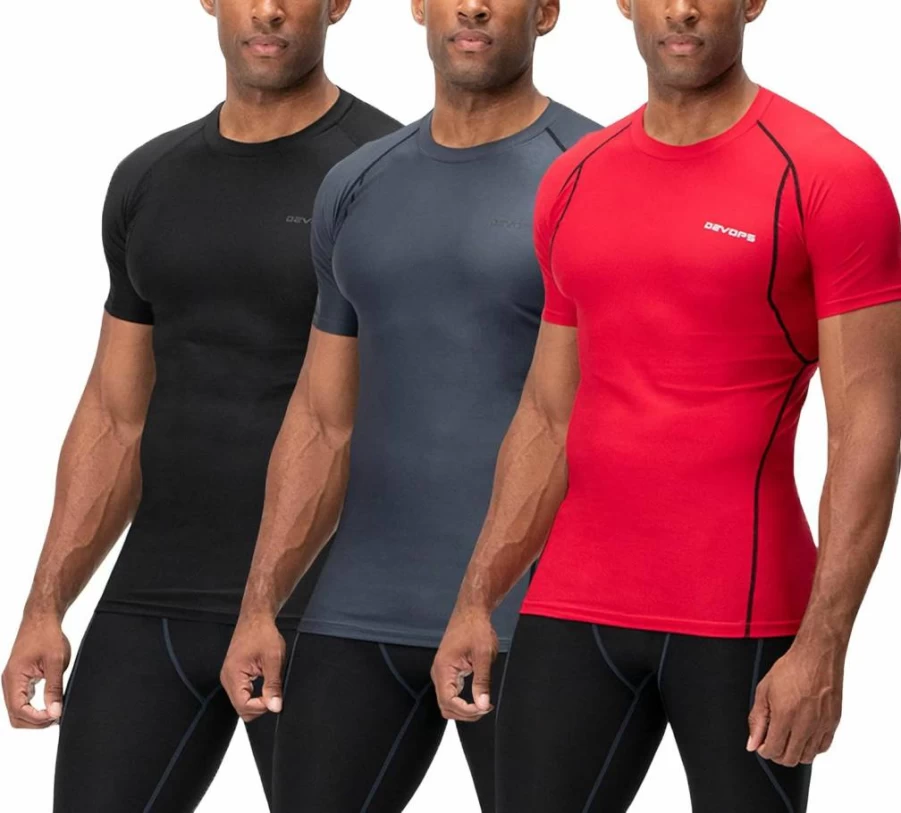 DEVOPS Men's Cool Dry 3-Pack Compression Shirts - Moisture-Wicking Workout Tops for Athletic Performance & Sports Baselayer