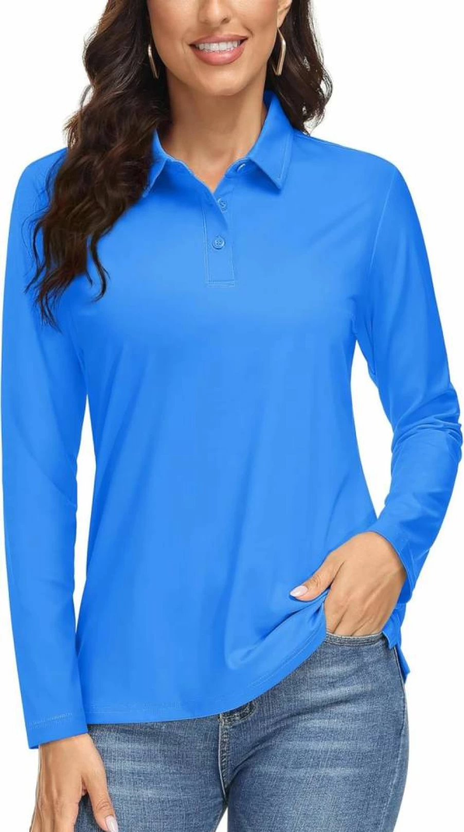 MAGCOMSEN Women's UPF 50+ Long Sleeve Polo Shirt - Moisture Wicking Golf & Tennis Top with 3-Button Placket
