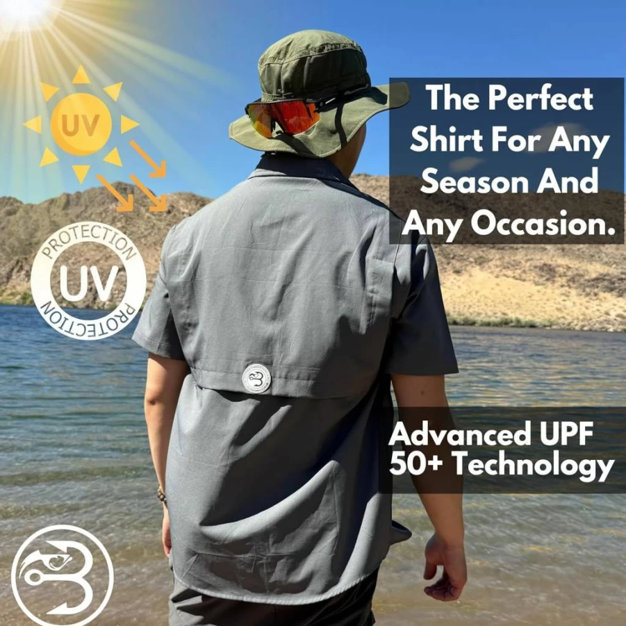 Baitium Men's UPF 50+ Sun Protection Short Sleeve Shirt - Fishing & Outdoor Button-Up Shirt with UV Protection