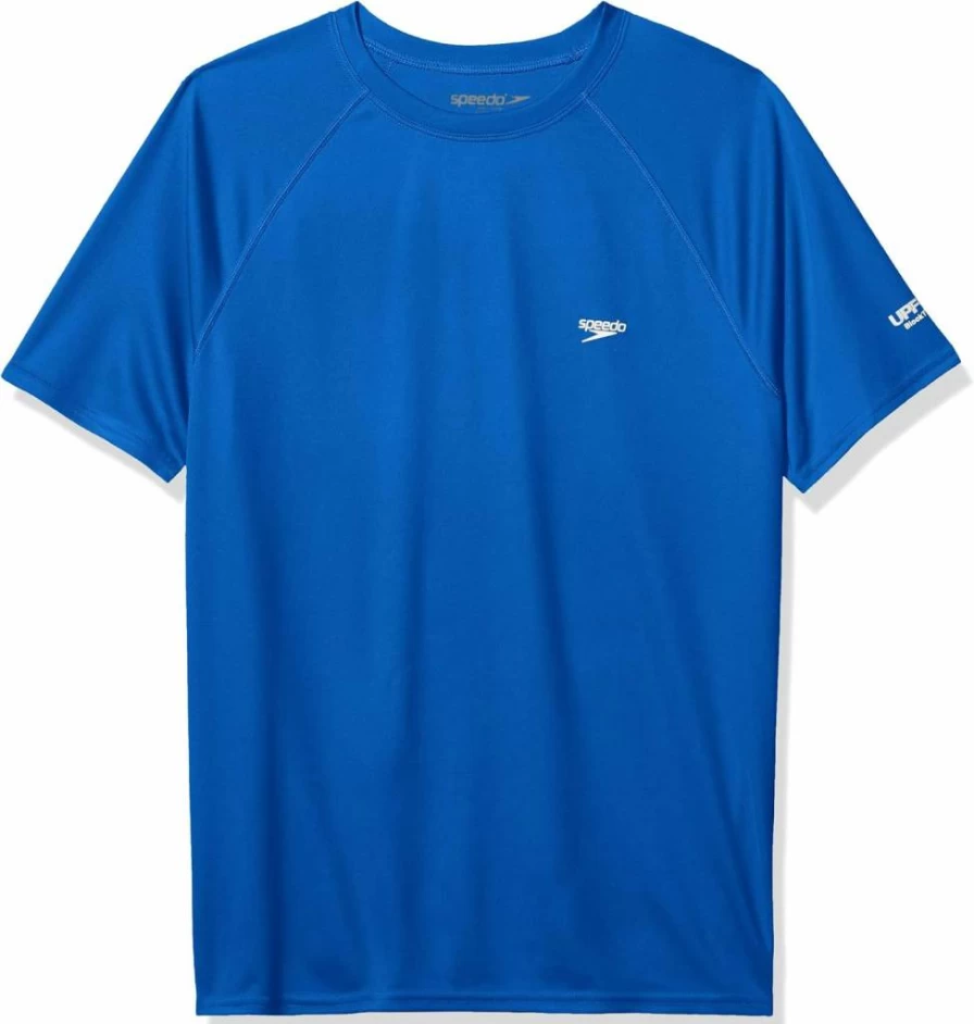 Speedo Men's UV Protection Swim Shirt Short Sleeve Regular Fit Solid Quick-Dry Rash Guard