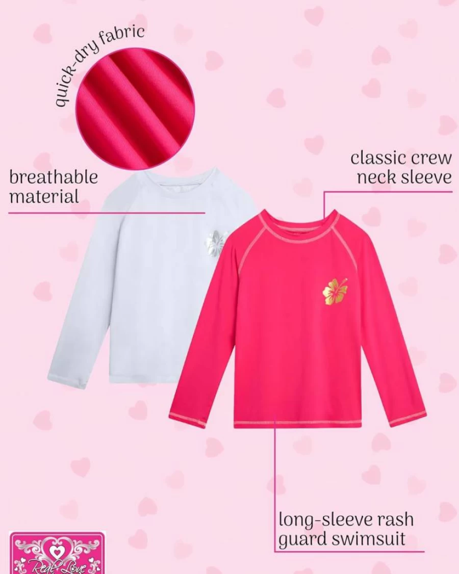 Real Love Girls Rash Guard 2-Pack - Quick Dry UV Sun Protection Long Sleeve Swim Shirts for Toddler to Teen (2T-16)