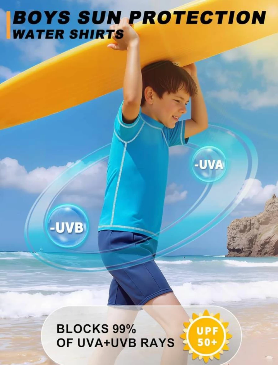 Bigant Boys UPF 50+ Sun Protection Short Sleeve Rash Guard - Quick Dry Youth Swim Shirt for Surfing, Beach & Water Activities
