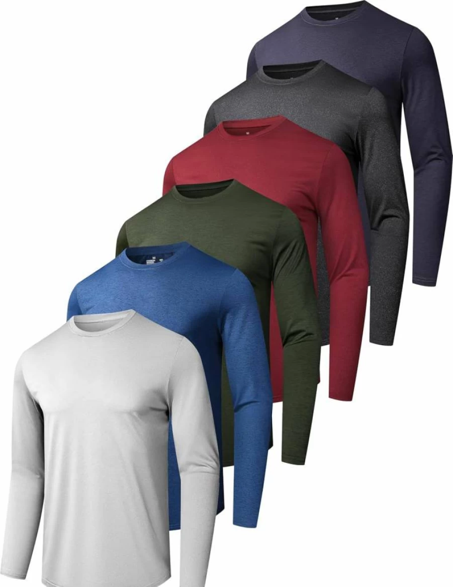 OYGSieg Men's Quick Dry Long Sleeve UPF 50+ Sun Protection Shirt - Moisture Wicking Workout & Casual T-Shirt (6 Pack)