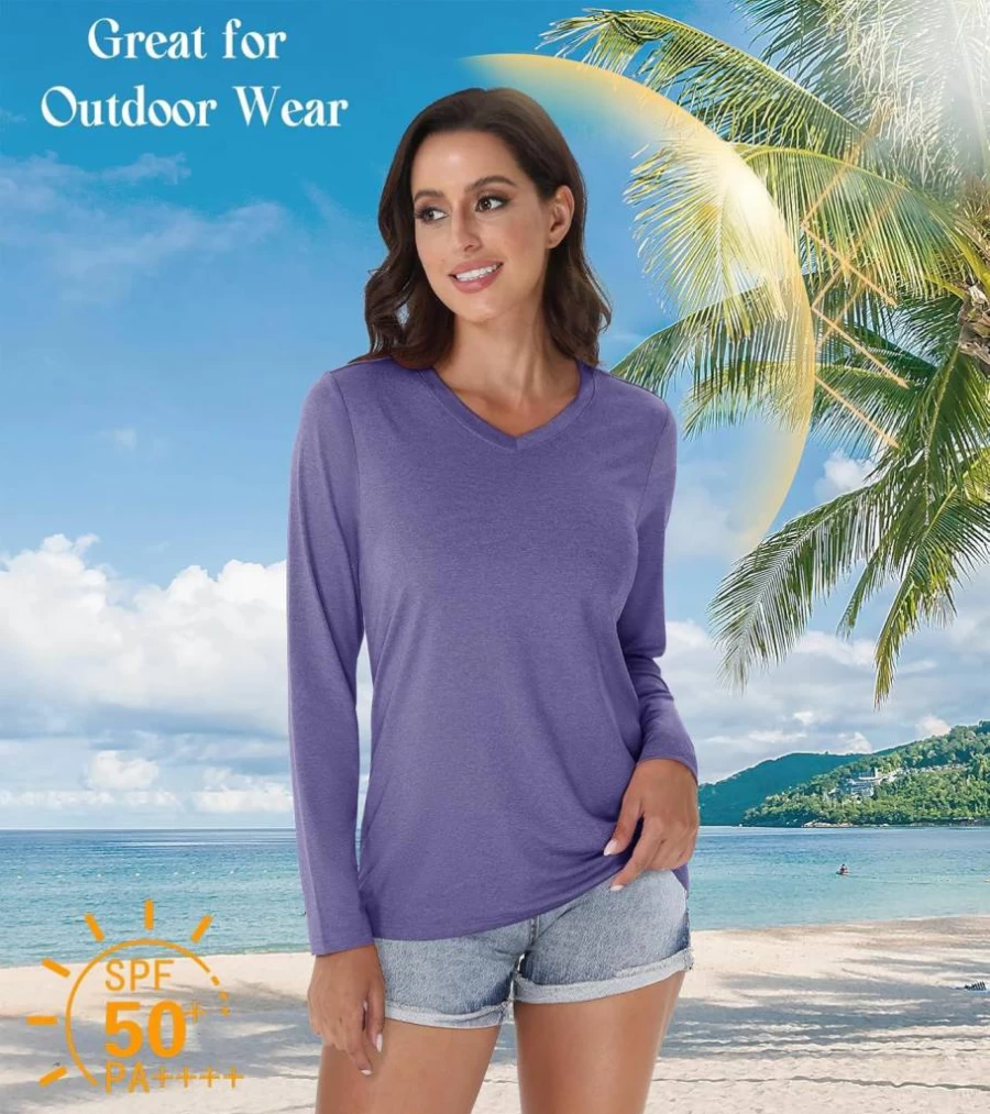 EKLENTSON Women's V-Neck UPF 50+ Long Sleeve Sun Shirt - Quick Dry Athletic Top for Workout & Outdoor Activities