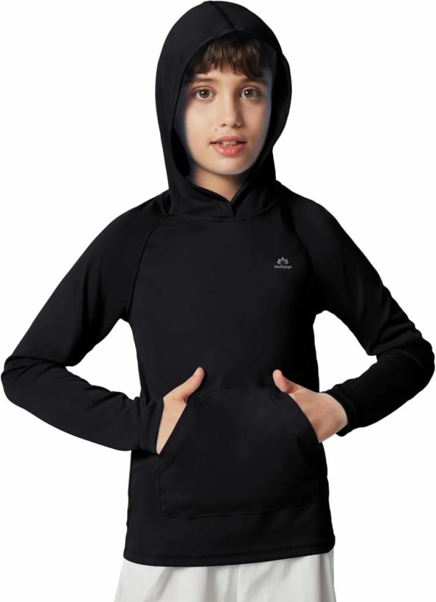 Heathyoga UPF 50+ Boys Rash Guard Swim Shirt - Sun Protection Hooded Fishing Shirt with Pocket for Toddler Kids