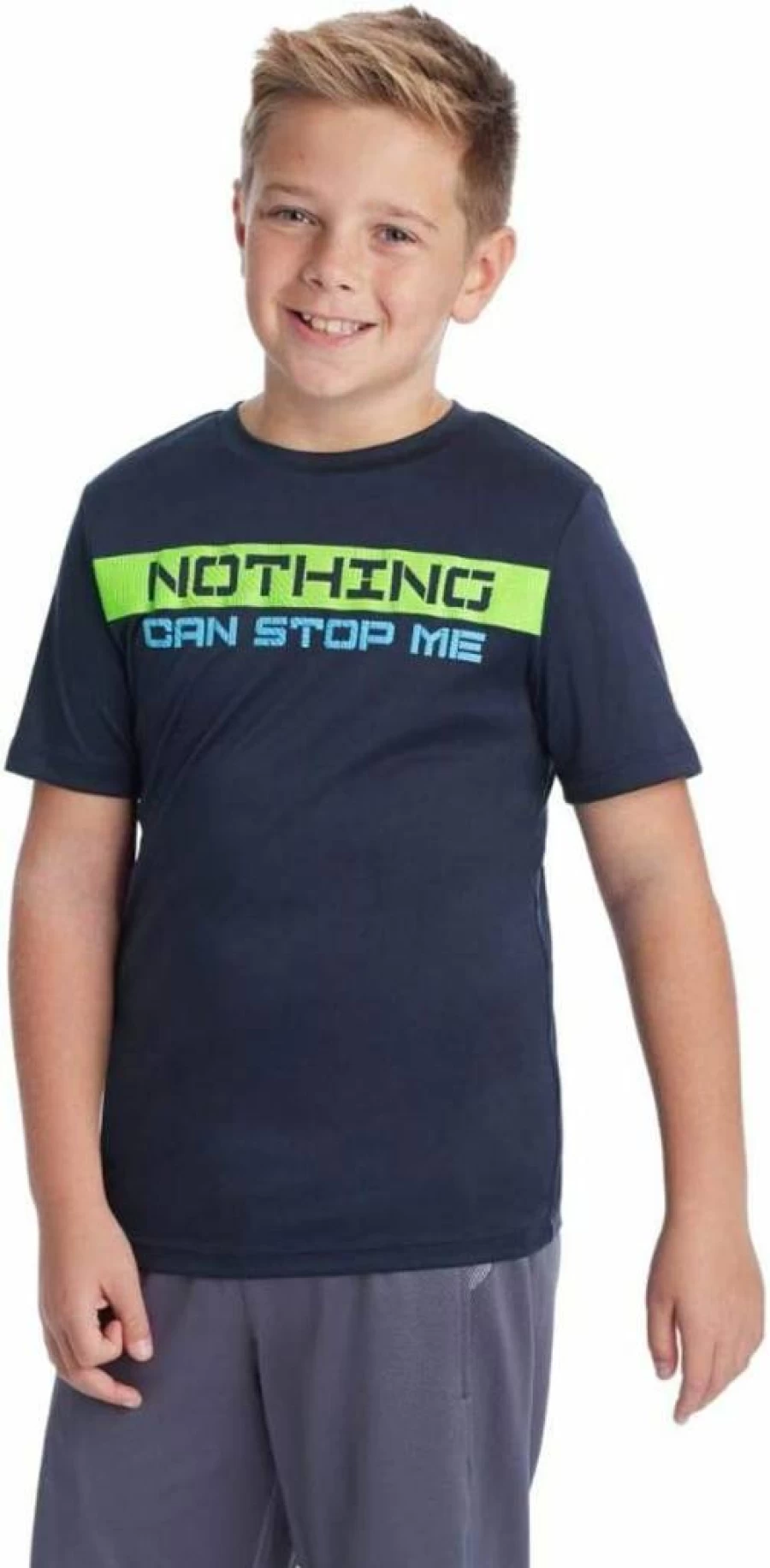 Champion Boys' Navy Tech Short Sleeve T-Shirt - "Nothing Can Stop Me" Motif - XL Size - Athletic Comfort Fit