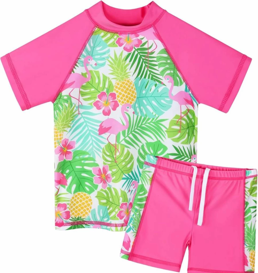 TFJH E Girls UPF 50+ Rash Guard Swimwear Set - UV Protective Two-Piece Bikini for Kids Ages 3-12 Years