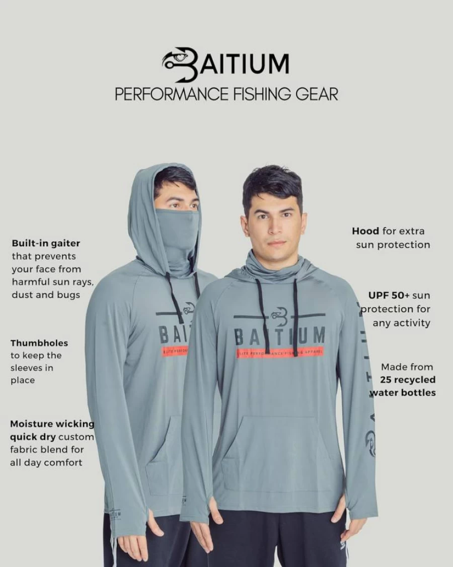 Baitium UPF50 Men's Fishing Shirts with Hood & Gaiter – Long Sleeve Sun Protection, Dry Fit, Built-in Face Mask for Outdoor Activities