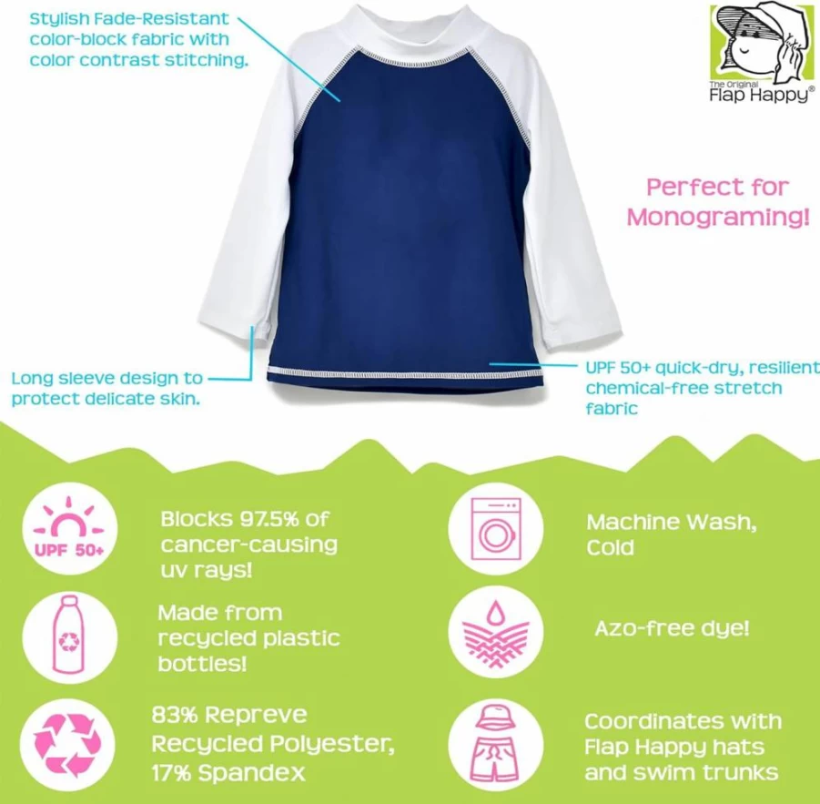 Flap Happy Baby UPF 50+ Colorblock Rash Guard Swimwear – Recycled Material Sun Protection for Toddlers (White, 18 Months)