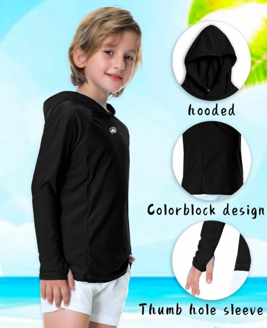 AOBUTE Kids UPF 50+ Sun Protection Hooded Rash Guard Swim Shirt with Thumb Holes for Boys & Girls Ages 3-12 Years