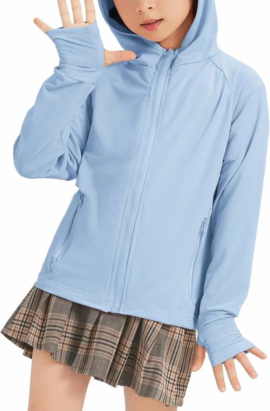 FDQIN Kids UPF 50+ Sun Protection Hoodie with Thumb Holes - Lightweight Athletic Zip-Up Shirt for Boys & Girls Outdoor Activities