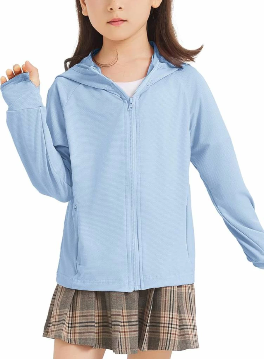 FDQIN Kids UPF 50+ Sun Protection Hoodie with Thumb Holes - Lightweight Athletic Zip-Up Shirt for Boys & Girls Outdoor Activities