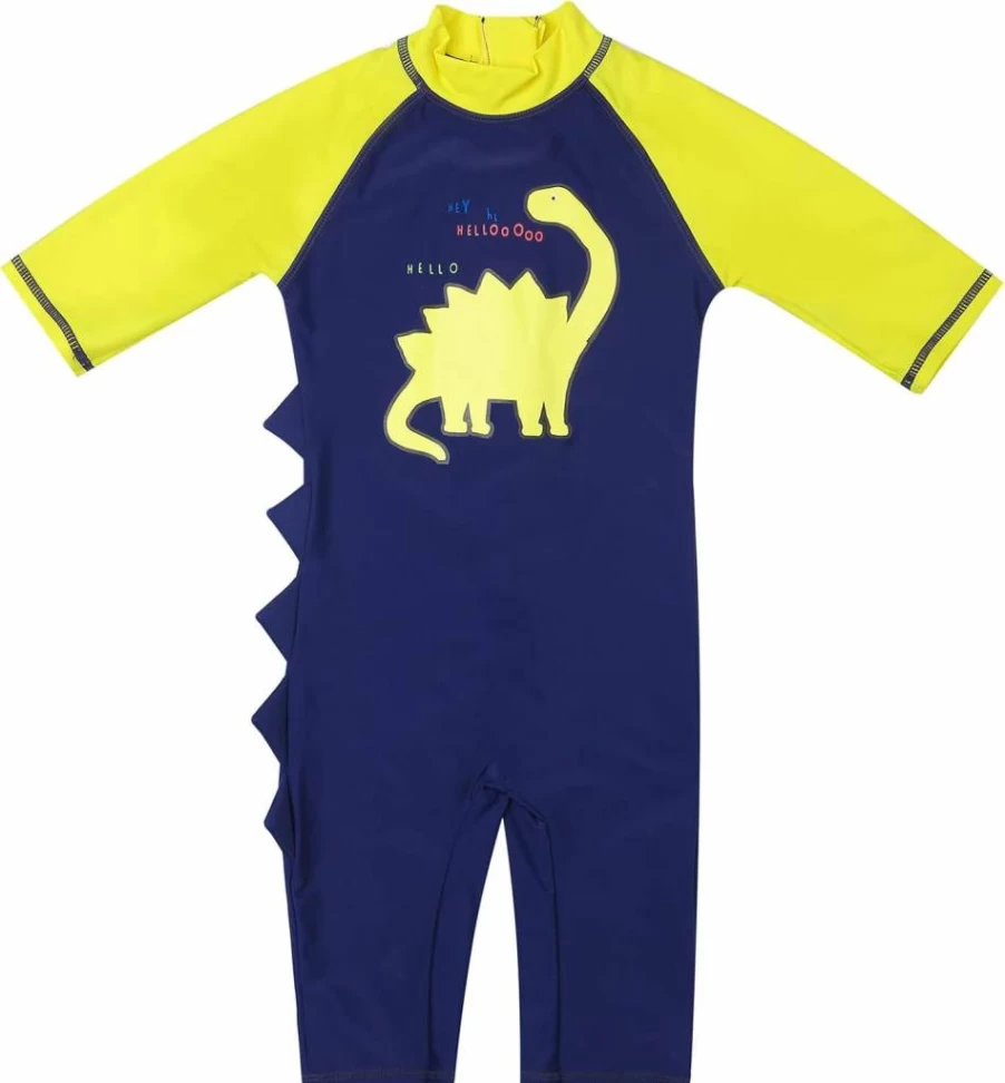 LIZENS Boys' Dinosaur Swim Rash Guard - UPF 50+ Sun Protection One-Piece with Zipper, Toddler Short Sleeve Swimwear