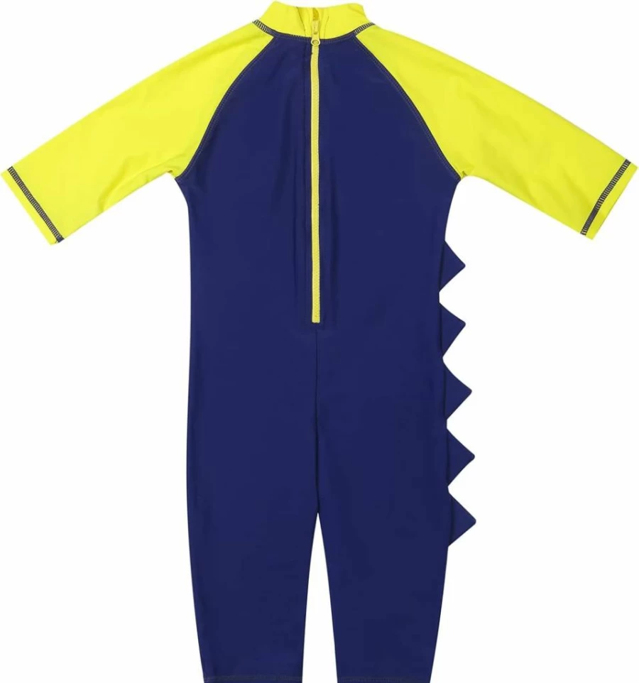 LIZENS Boys' Dinosaur Swim Rash Guard - UPF 50+ Sun Protection One-Piece with Zipper, Toddler Short Sleeve Swimwear