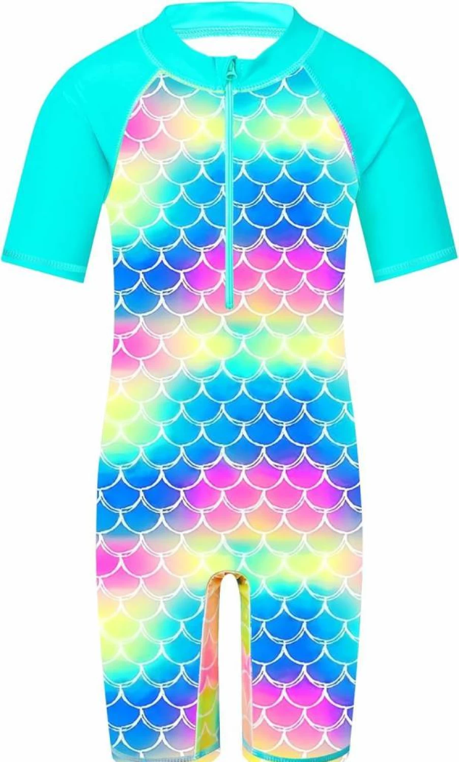 TFJH E Girls' UPF 50+ One-Piece Swimsuits with Zipper for Ages 2-14 Years, Short Sleeve UV Protection Bathing Suits